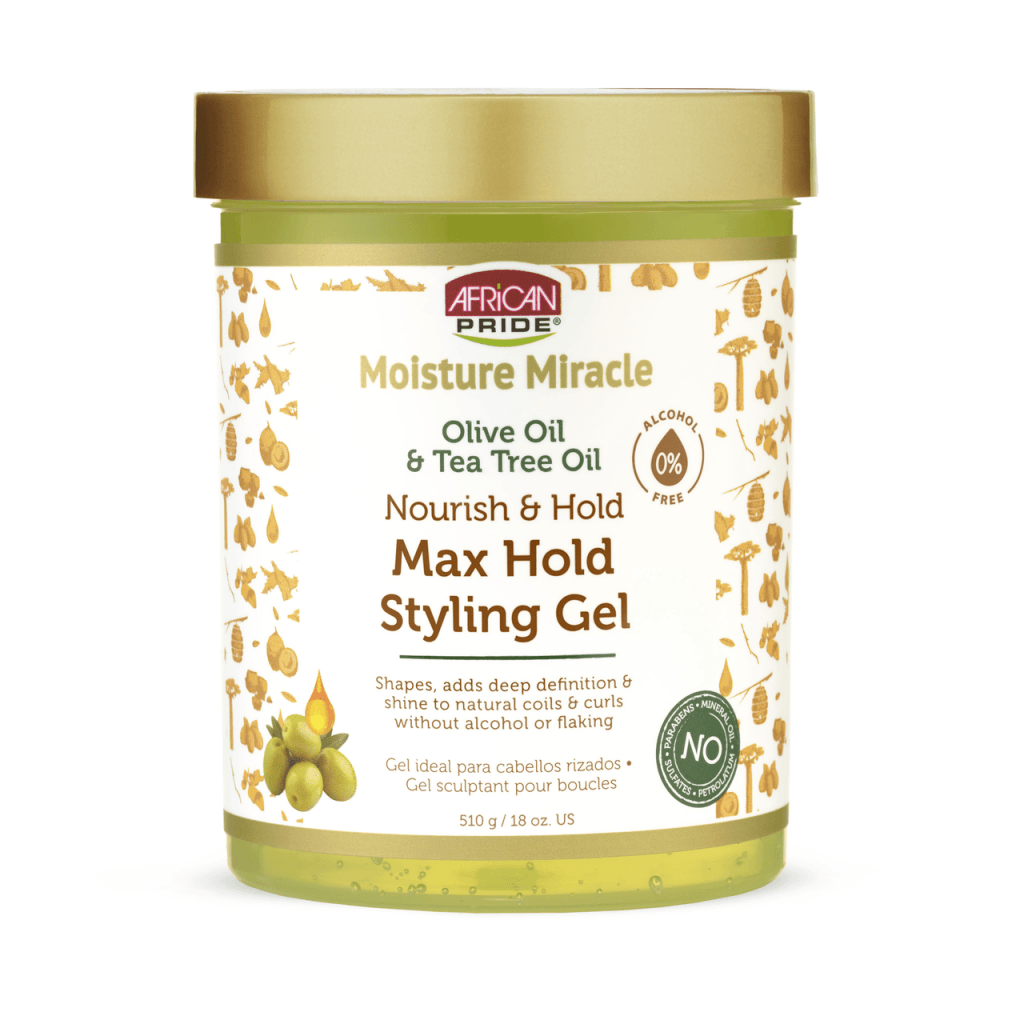 African Pride Moisture Miracle Olive Oil &amp; Tea Tree Oil Max Hold Styling Gel 18oz