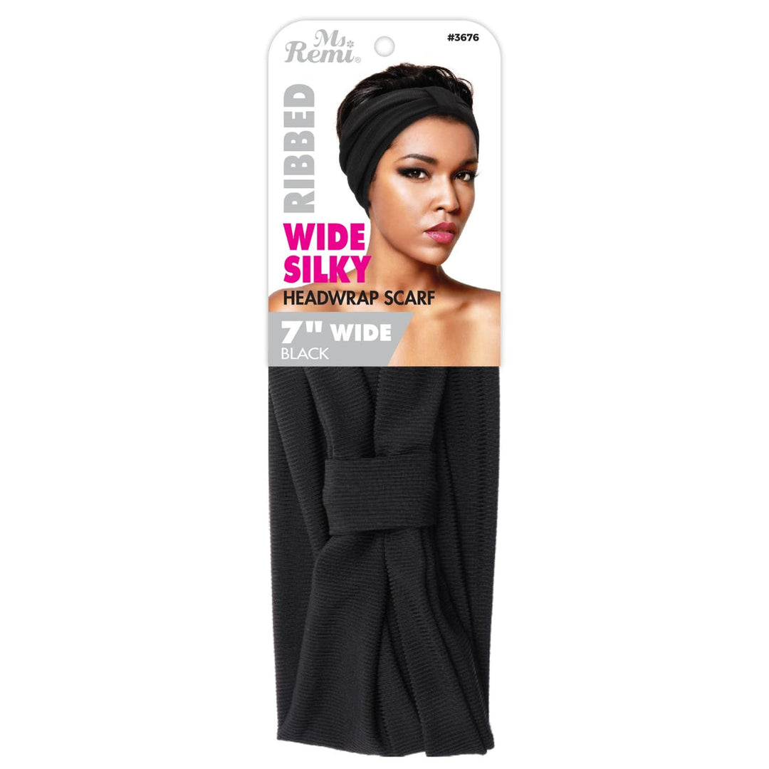 Ms. Remi Wide Silky Headwrap Scarf Ribbed Black