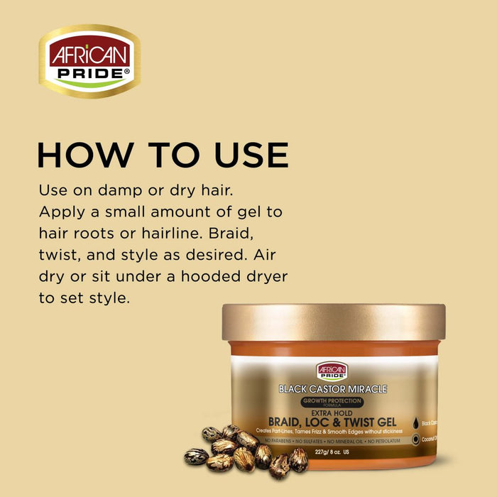 African Pride - Black Castor Miracle Braid Loc & Twist Gel 8oz