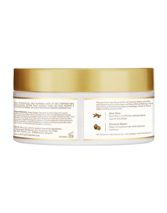 African Pride - Moisture Miracle Aloe &amp; Coconut Water Maximum Hold Edge Styling Wax 6oz